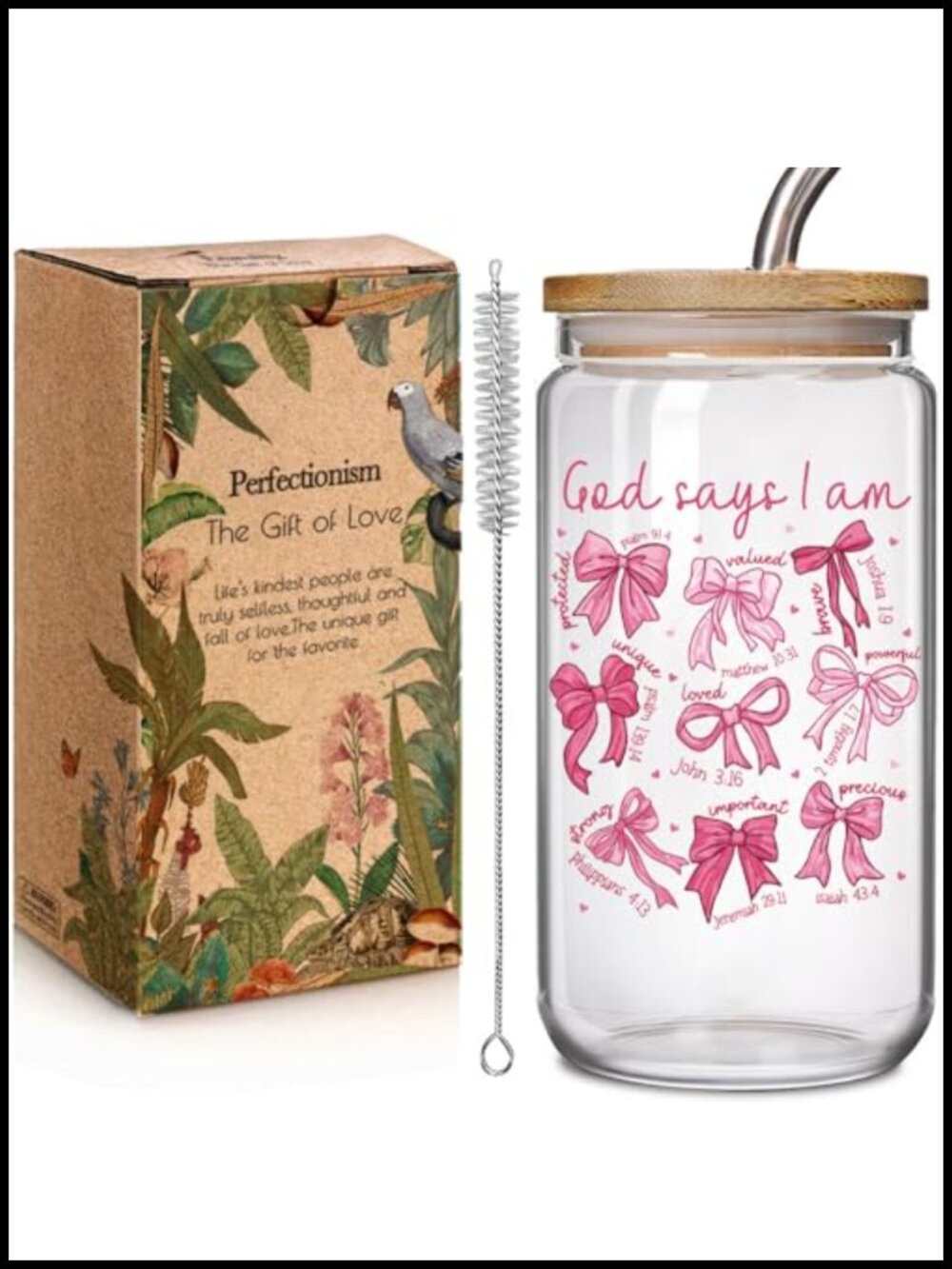 16oz Glass Cup with Lid Straw Christian Gifts Religious Bible Verse Drinkware